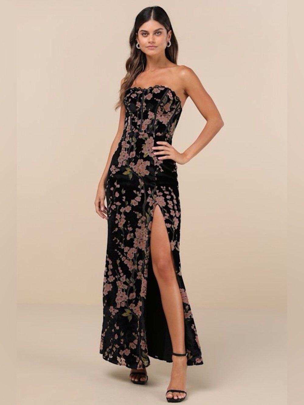 Lulus Luxurious Allure Black Burnout Velvet Strapless Maxi Dress